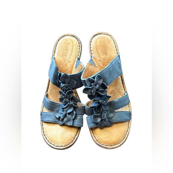 BORN Blue Floral Leather Women US 8 wood block Heels Slides Sandals preloved - Picture 1 of 8